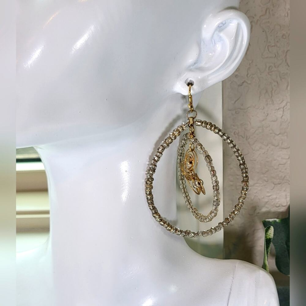 Seed Bead Double Hoops with Wire Accent Dangle Statement Earrings / Pierced - Picture 3 of 9
